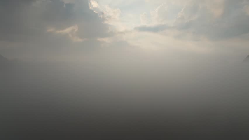 Atmospheric mountain and river landscape disappearing into dense mist, with soft sunlight, dramatic clouds, and a serene, moody wilderness ambiance.