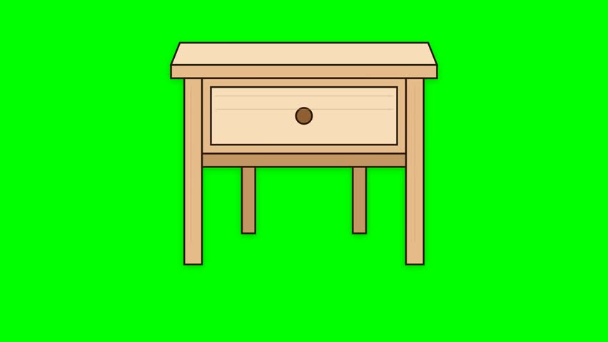 A clean illustration of a light brown wooden nightstand with a single drawer and a round knob, isolated on a vibrant green screen.