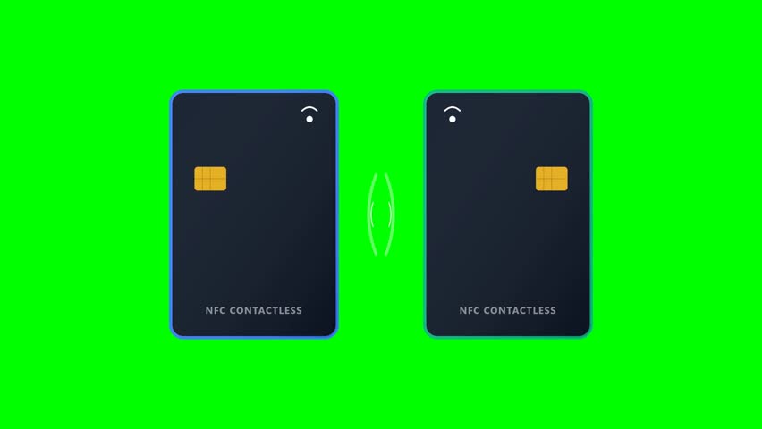 Contactless payment transaction with credit cards on green screen. Two dark blue credit cards move together to represent a wireless digital transaction over a chroma key background. Ideal for banking and e-commerce financial service commercials.