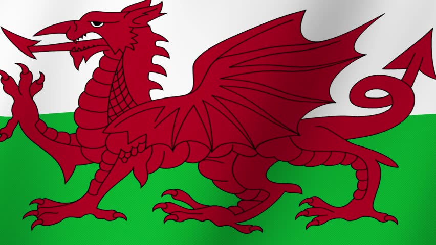 The Welsh Dragon Symbol of Wales on a Waving Flag Fabric Texture