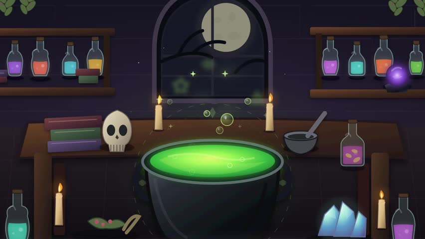 Animated scene of a wizard laboratory featuring a bubbling green cauldron magic potions books a skull and glowing crystals for Halloween and fantasy themes.