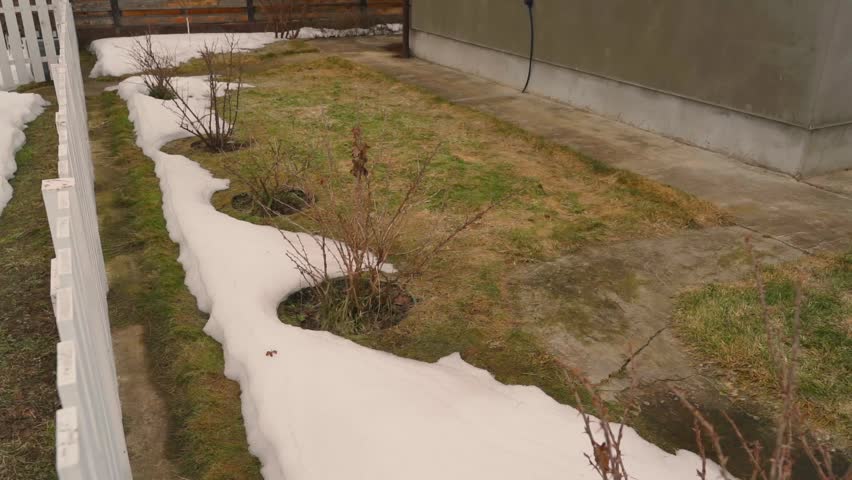 Melting snow on lawn near house in early spring. High quality FullHD footage