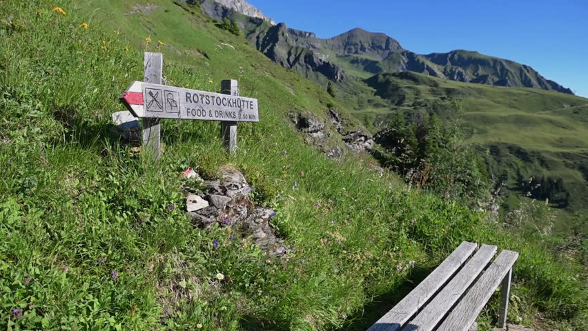 Rustic wooden bench beside lush green alpine grass in the Swiss mountains near Schilthorn.