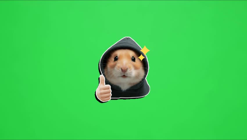 Cute cartoon hamster wearing a hoodie showing a thumbs up gesture green screen animation.