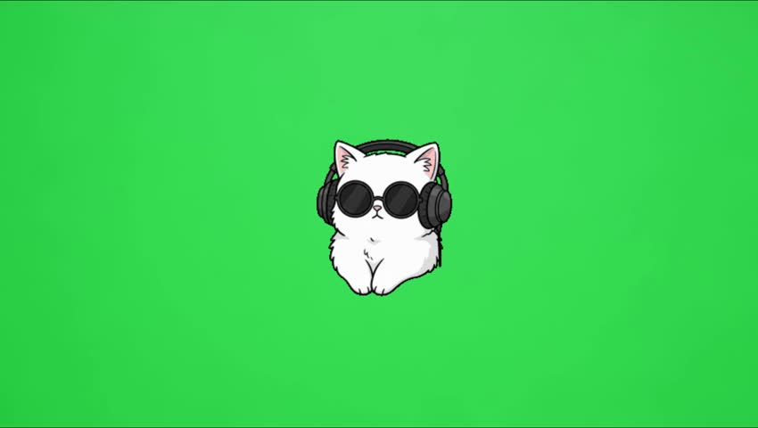 Cartoon white kitten wearing sunglasses and headphones on green screen animation.