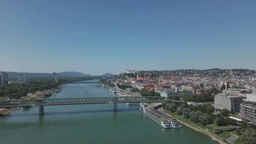 Aerial View of Bratislava Castle, UFO Bridge and Old Town