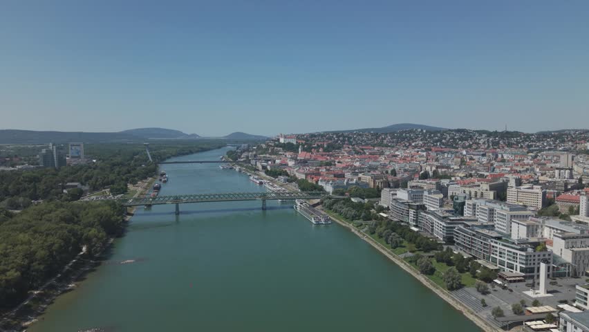 Aerial View of Old Bridge, UFO Bridge and Bratislava Castle