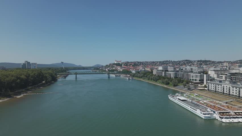Aerial View of UFO Bridge and Bratislava Castle Over Danube River