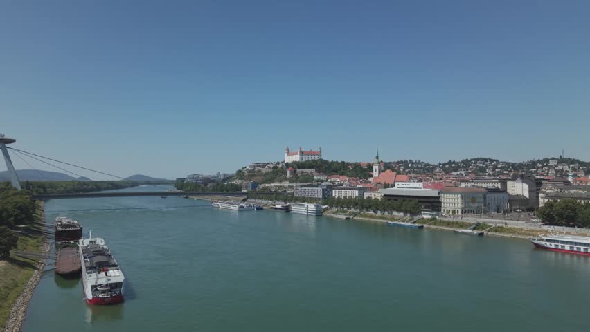 Aerial View of Bratislava Castle and UFO Bridge Over Danube River