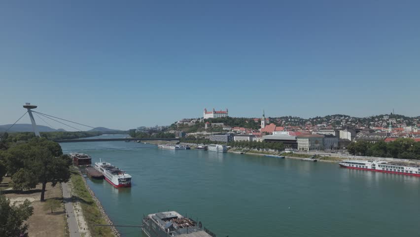 Aerial Approach to Bratislava Castle and UFO Bridge Over Danube