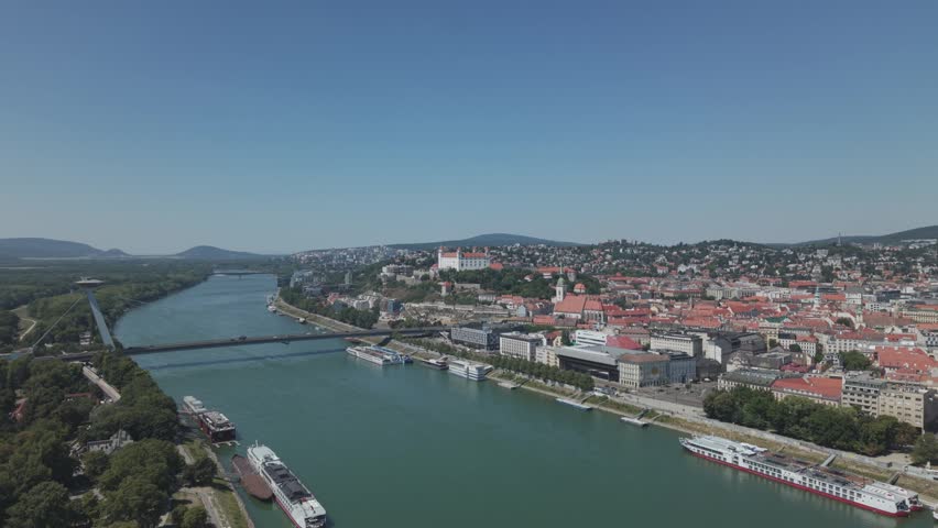 Closer Aerial View of Bratislava Castle, Old Town and UFO Bridge