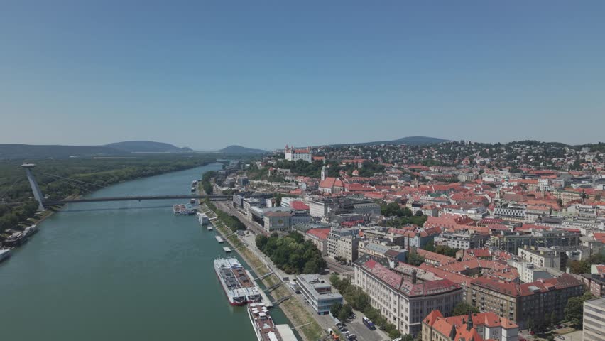 Panoramic Aerial of Bratislava Old Town, Castle and UFO Bridge