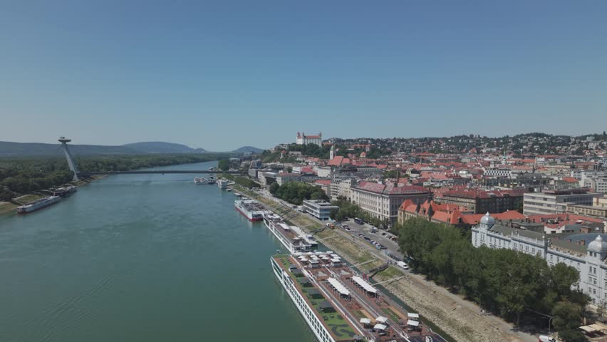 Aerial View of Bratislava Castle, Old Town and UFO Bridge
