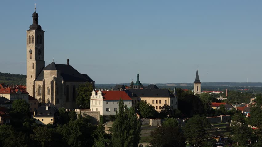 Panoramic view of Kutná Hora from an elevated viewpoint, showing the historic town, rooftops, streets and distinctive architectural landmarks in the Czech Republic. UNESCO World Heritage town in Central Bohemia.