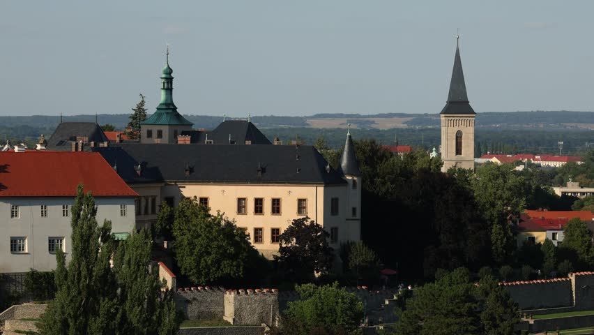 Panoramic view of Kutná Hora from an elevated viewpoint, showing the historic town, rooftops, streets and distinctive architectural landmarks in the Czech Republic. UNESCO World Heritage town in Central Bohemia.
