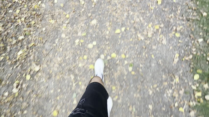 Person walking on autumn leaf path detail
