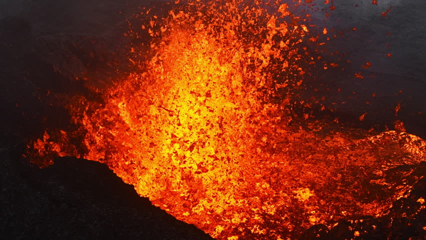 Active Volcano Eruption Lava Flowing From Crater Aerial View Iceland 4K