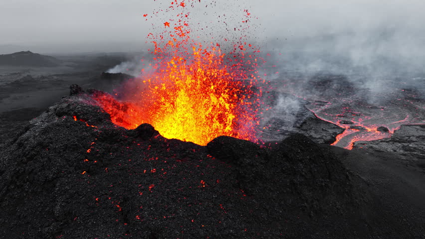Active Volcano Eruption Lava Flowing From Crater Aerial View Iceland 4K