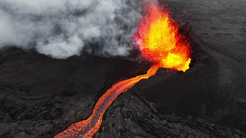 Active Volcano Eruption Lava Flowing From Crater Aerial View Iceland 4K