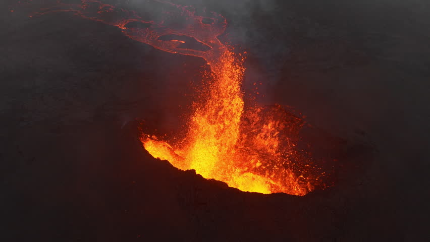 Active Volcano Eruption Lava Flowing From Crater Aerial View Iceland 4K