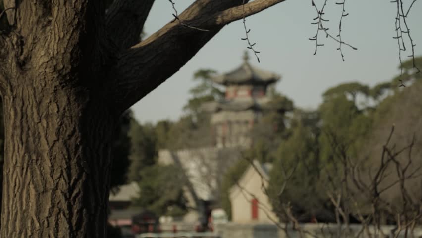 Ancient Pavilion Viewed Through Trees at Summer Palace Beijing on Clear Day