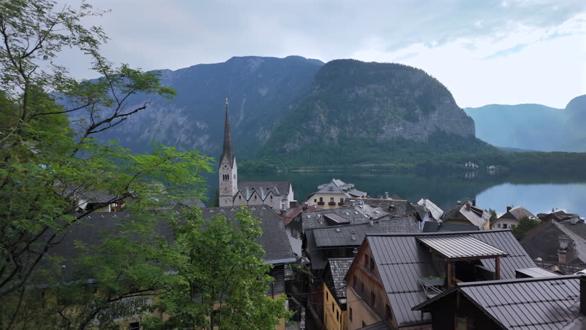Panoramic Left-to-Right View of Historic Buildings and Catholic Church.