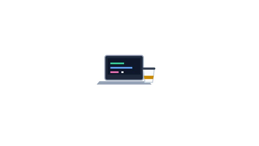 Minimalist digital illustration showing laptop screen with code lines and cup of steaming hot coffee on white background