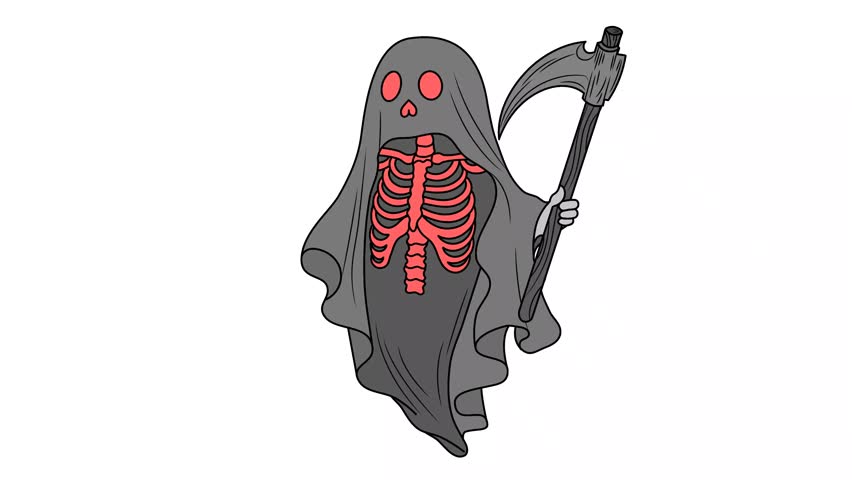 Cute Grim Reaper ghost vector illustration with skeleton ribcage and scythe, Halloween cartoon character isolated on white background.