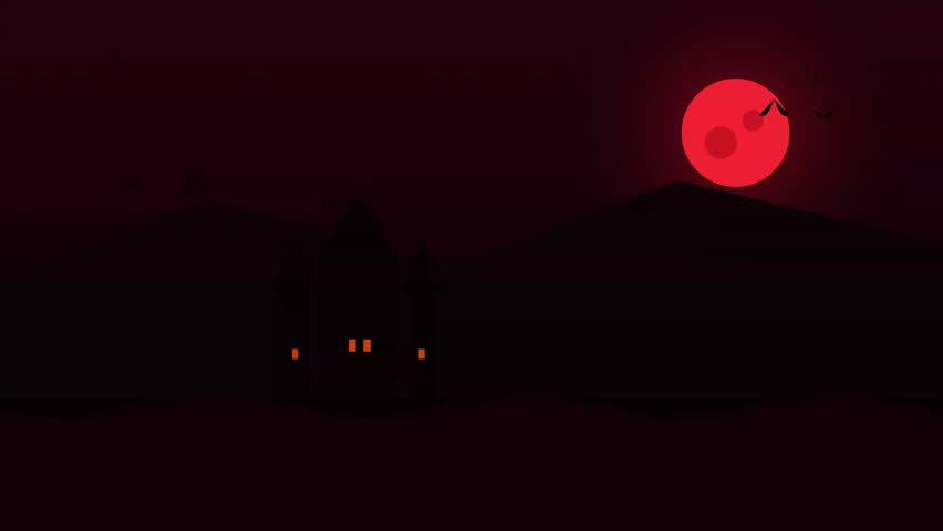 Spooky Halloween background with a glowing red blood moon, haunted castle silhouette, dark red sky, and flying bats vector illustration