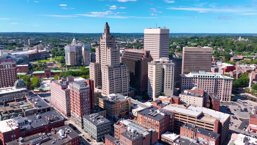 Providence modern city aerial view, including Industrial National Bank Building, One Financial Plaza, Residences Providence in downtown Providence, Rhode Island RI, USA.
