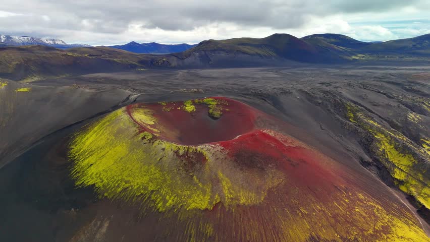 Aerial drone panoramic landscape view of the colorful Rauðaskál. Apple crater, Iceland