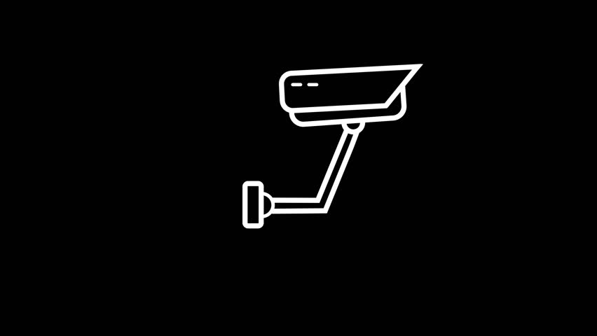 Minimalist animated white line art icon of a CCTV security surveillance camera on a solid black background.