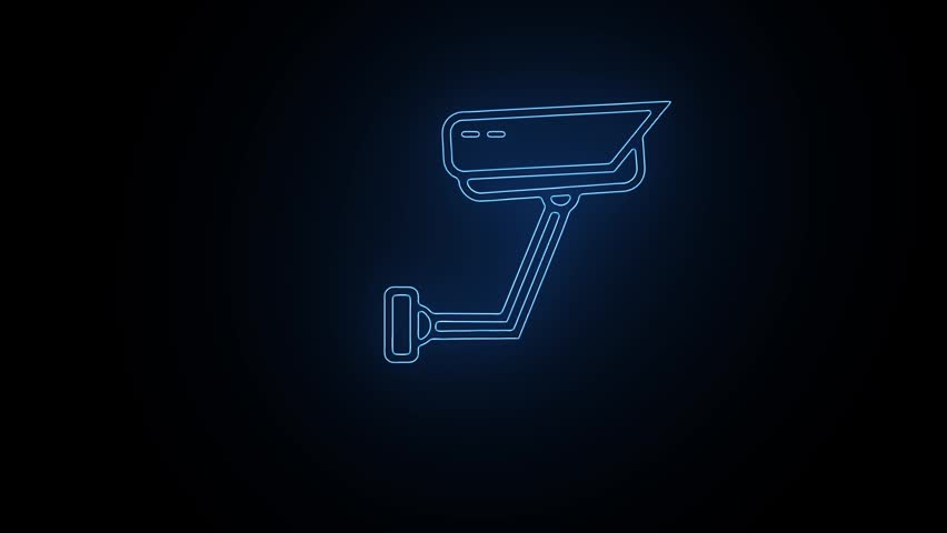 Glowing blue neon outline of a CCTV security surveillance camera on a dark background.