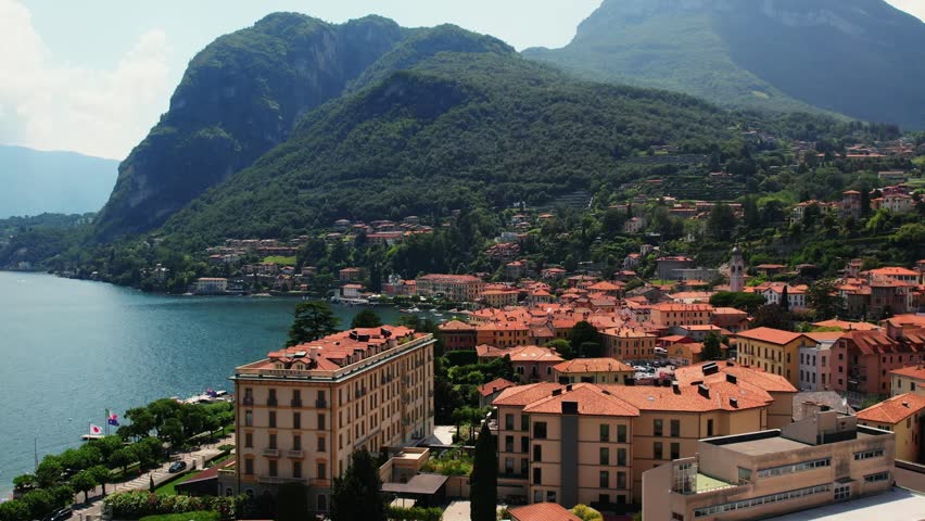 Aerial view of Lake Como and lakeside village in Italy