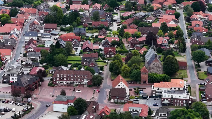 A panorama aerial view of the city Bockhorn above the old town on a cloudy summer noon in Germany