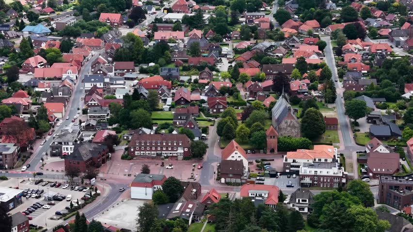 A panorama aerial view of the city Bockhorn above the old town on a cloudy summer noon in Germany