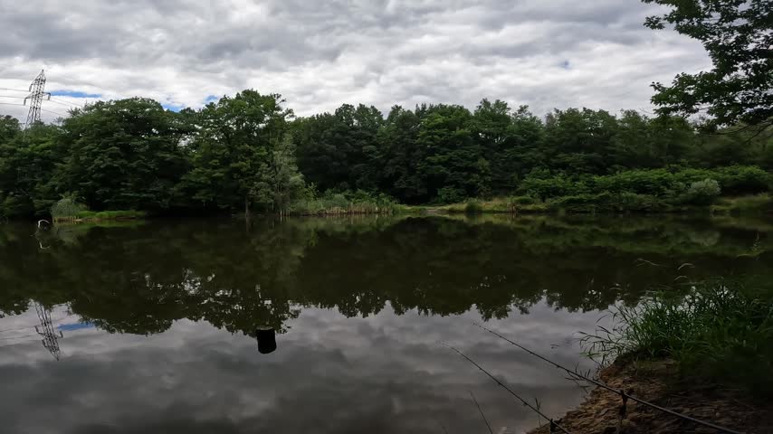 Peaceful scenic view of calm forest pond water reflecting trees and cloudy sky, natural background for fishing and relaxation.