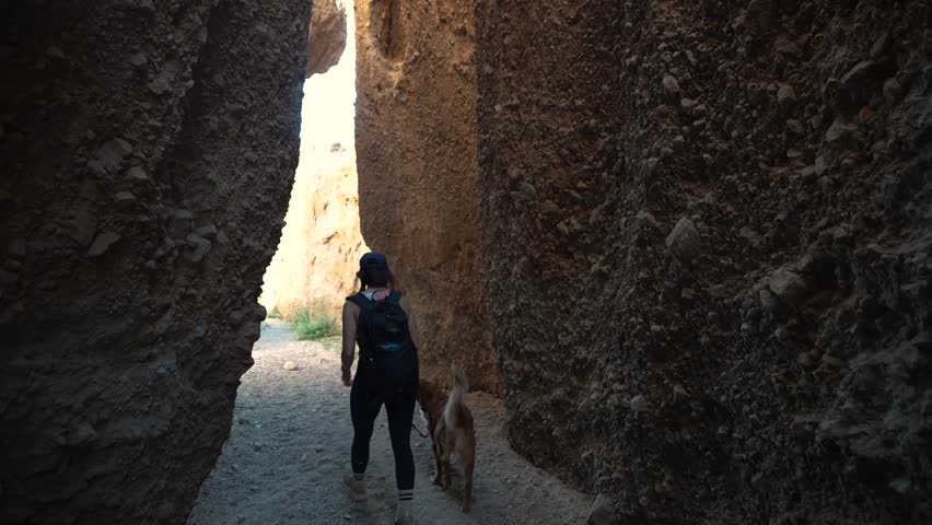 Female Hiker and Dog Walking in Narrow Slot Canyon, Spooky Gulch, Utah USA