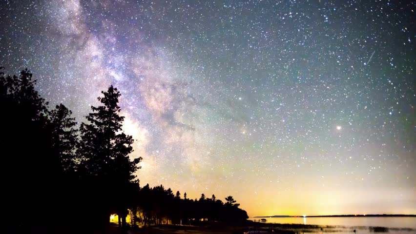 Milky Way Galaxy Over Forest and Lake Under Starry Night Sky