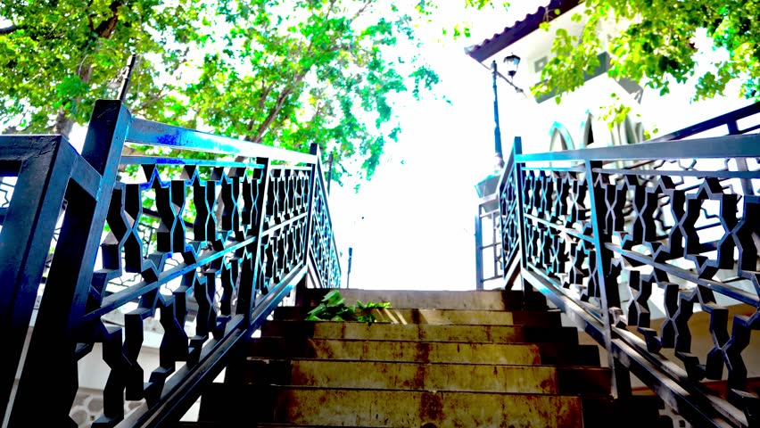 Static low angle shot of outdoor stairs featuring ornate black metal railings leading up toward a bright sky and sunlight on a clear day.