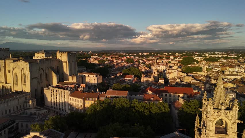 Palace of the Popes in Avignon, France Gothic residence built in the 14th century, aerial drone