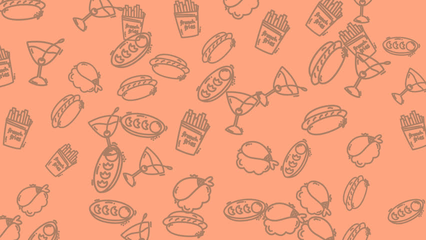 Repeated drawings of peach pie, martini glass, sandwich, taco in a doodle pattern on an orange background. Suitable for foodthemed designs or products.