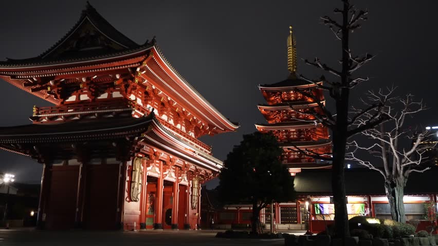 Illuminated Hozomon Gate and Five-Story Pagoda at Sensoji Temple at night in Asakusa, Tokyo