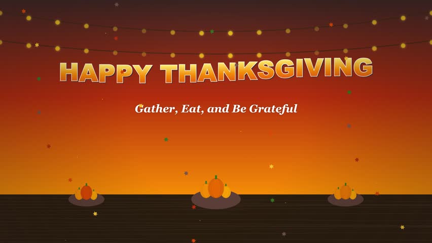 Animated Happy Thanksgiving greeting card featuring warm autumn colors, glowing lights, and the message Gather Eat and Be Grateful.