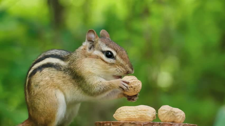 A side profile image of an eastern chipmunk holding a whole peanut in shell to its mouth, attempting to stuff it into its cheek pouch next to additional peanuts against a lush green bokeh background.