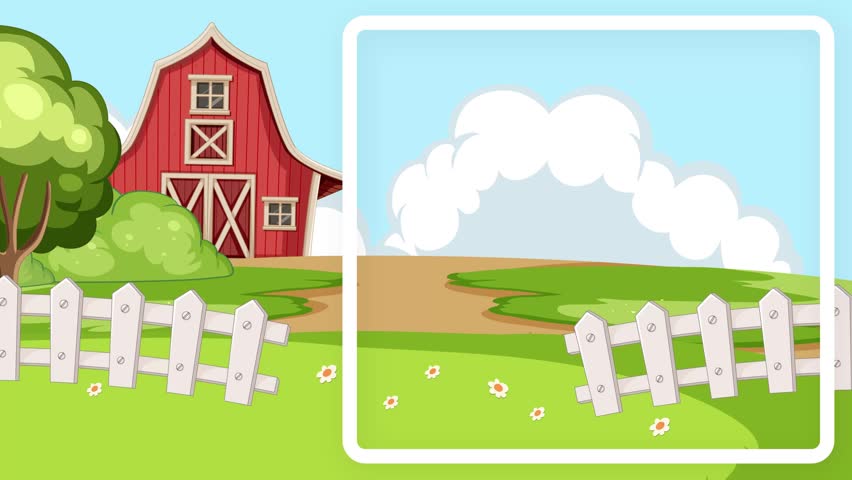 Animated educational graphic showing the letter J and a jacket over a cartoon farm landscape.