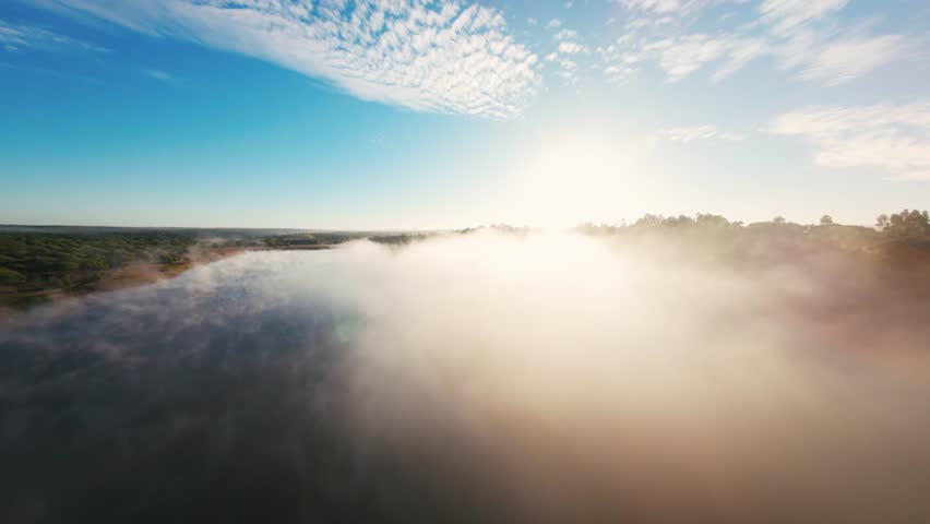 Mist curls over calm river at dawn. Sun glows through trees, casting warm light. Sky is clear blue, with soft clouds above. Stillness envelops the scene, peaceful and serene