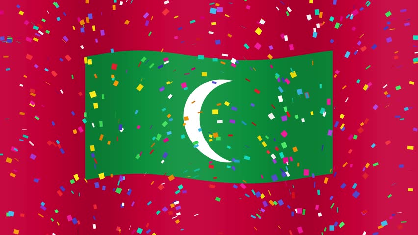 Animated Maldives flag waving with golden text and colorful confetti falling on red background.