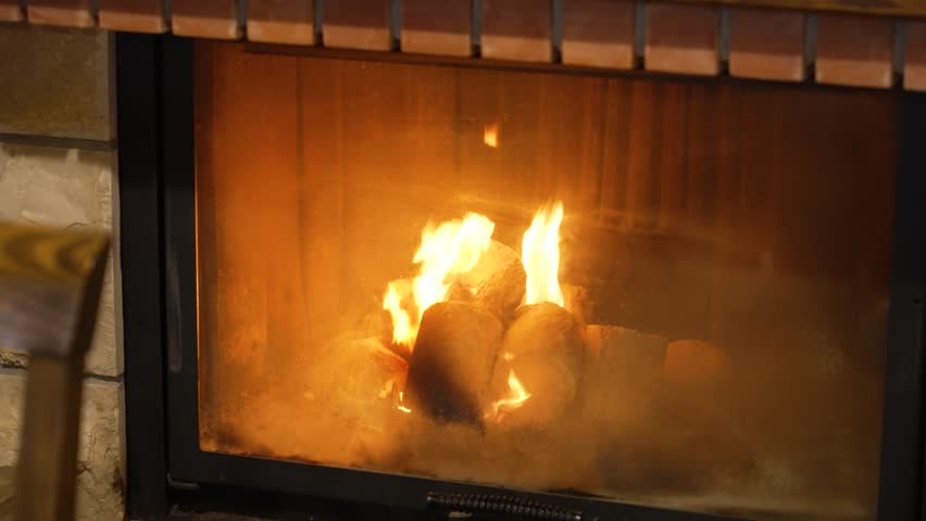 Burning wood logs inside a modern fireplace providing comforting warmth and relaxing light