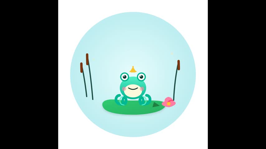 Cute Animated Frog Jumping in Pond with Lily Pad and Reed.Description: Cheerful 2D flat vector animation loop of a happy little green frog jumping high above a swamp or pond. Features a vibrant green lily pad, a pink lotus flower, and tall brown cattail reeds inside a soft blue circle frame. This friendly graphic asset perfectly illustrates freshwater swamp wildlife, wetland ecosystem education, children